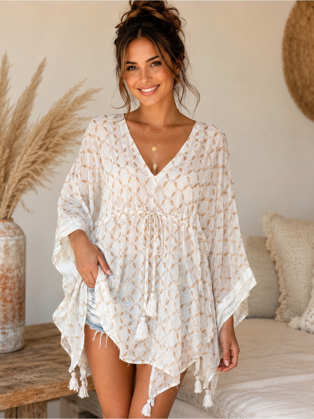 NWT Rhea Sheer Tassel Flowing Top Beige Boho Cotton Cover Up L/XL A30